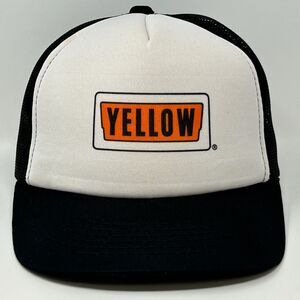 Vintage 90s Yellow Corporation Trucker Hat Baseball Cap Black Trucking Snapback